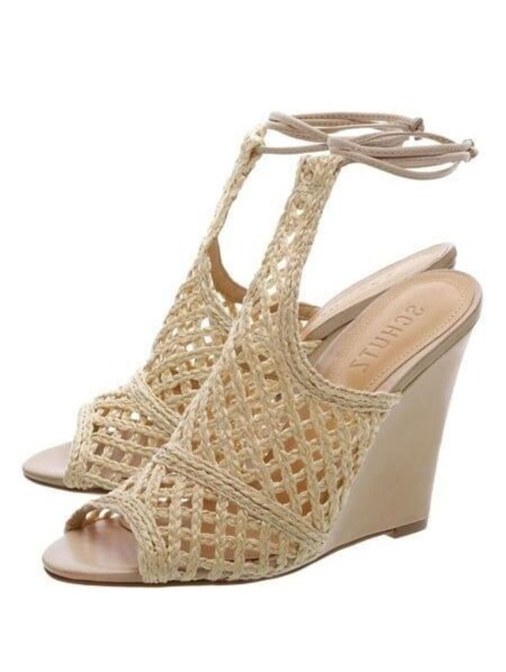 Schutz Jamira Palha Nude Wedge Tie up Sandals 9.5B ($178)